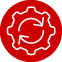 A red gear icon with white circular arrows inside, indicating a process or synchronization.